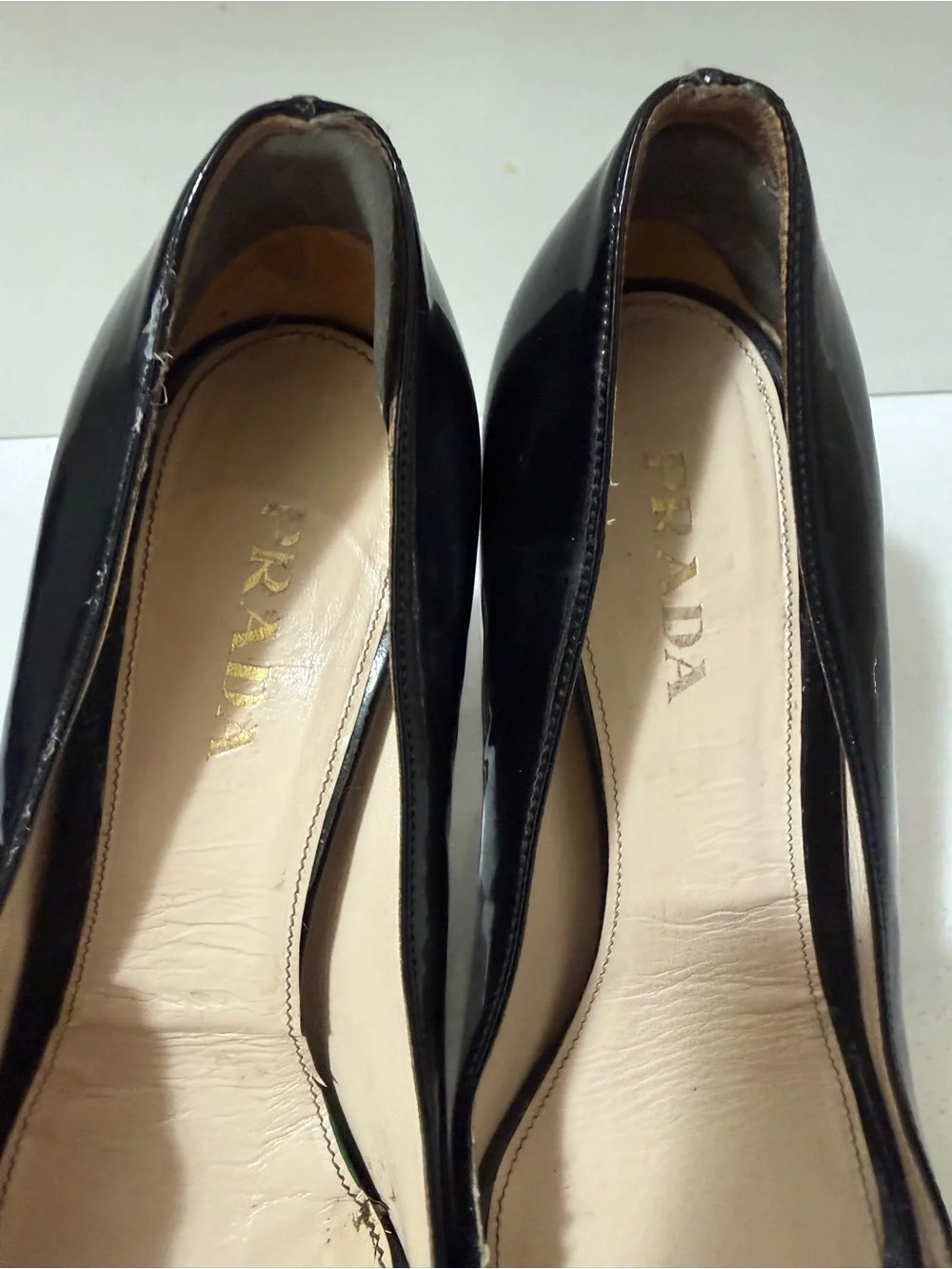 Prada Black Patent Peep-Toe Heels. Chic and very comfy, perfect for wider feet